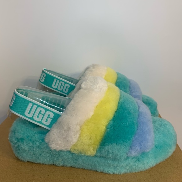 Brand New Women’s Ugg Fluff Yeah Tide Pool Multi Fur Slides - Picture 1 of 11